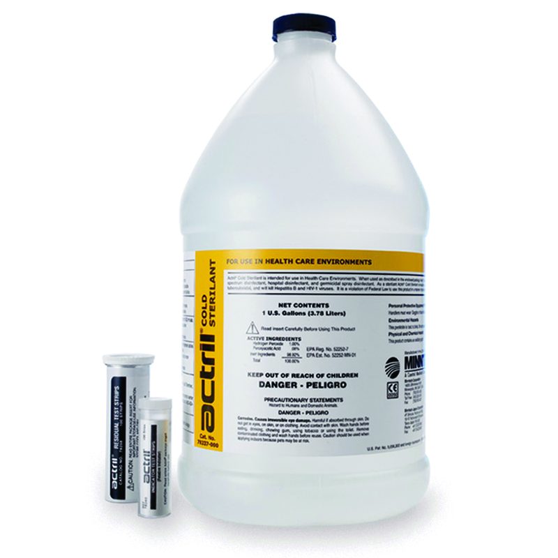 DTB Actril Cold Sterilant desinfectante y esterilizante a usar en superficies comunes en salas limpias farmacéuticas.